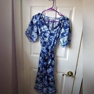 LOFT Navy and White Floral Tie-Waist Midi Dress